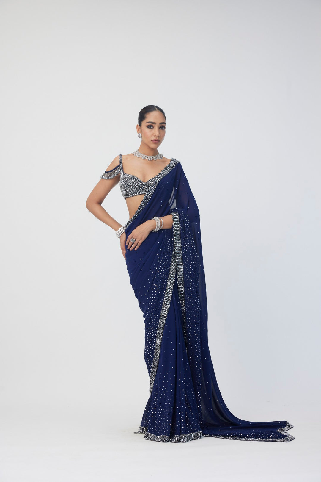 Deep Blue Sequins Embroidered Saree