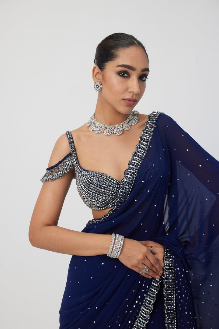 Deep Blue Sequins Embroidered Saree