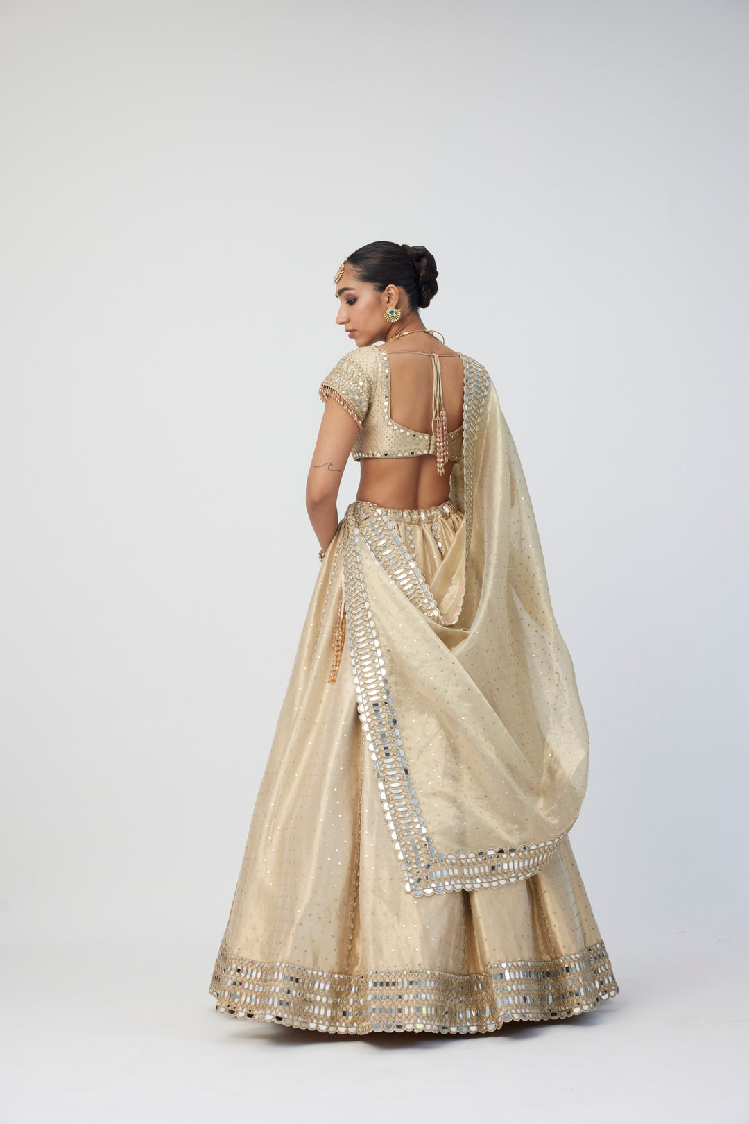 Golden Shimmer Organza Linear Lehenga Set