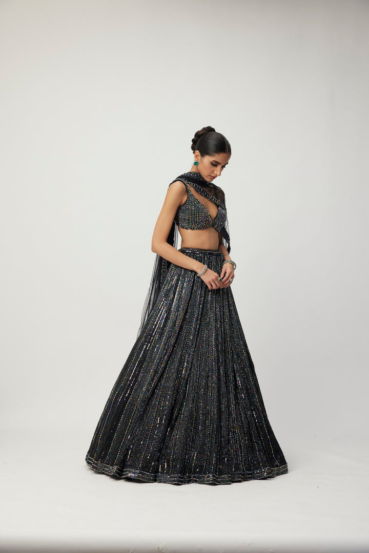 Black Crystal Linear Embroidered Lehenga Set