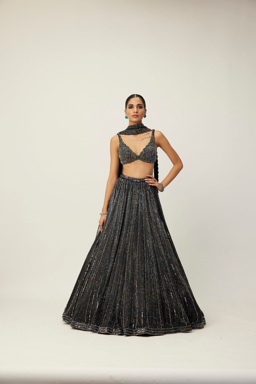 Black Crystal Linear Embroidered Lehenga Set
