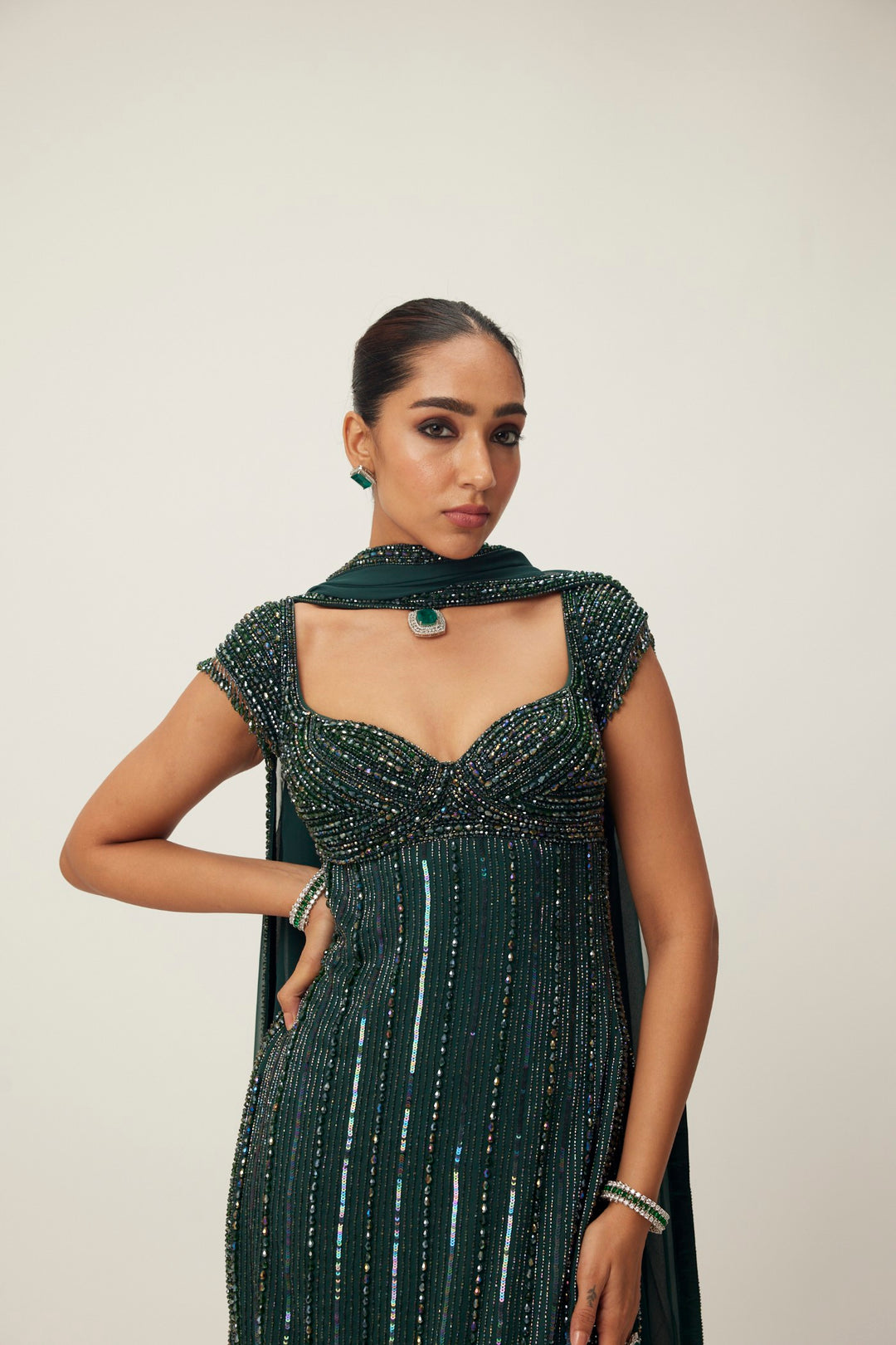 Dark Jade Green Crystal Embellished Kurta Set