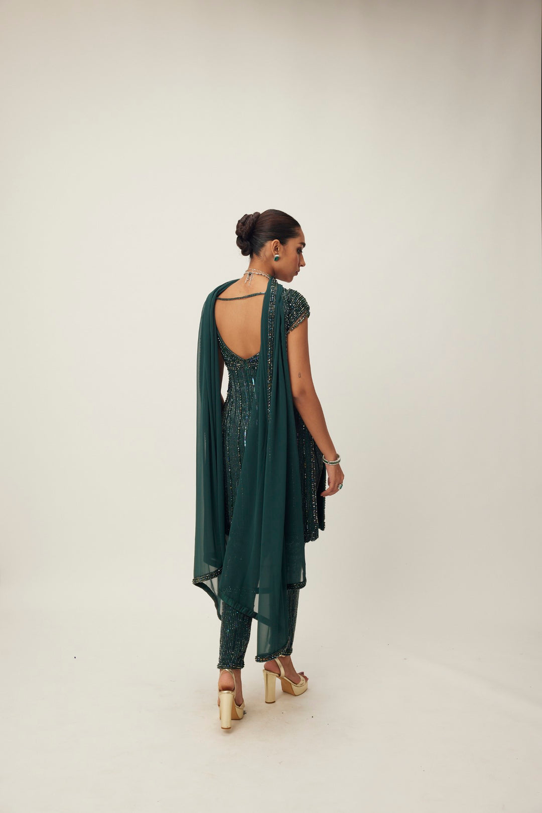 Dark Jade Green Crystal Embellished Kurta Set