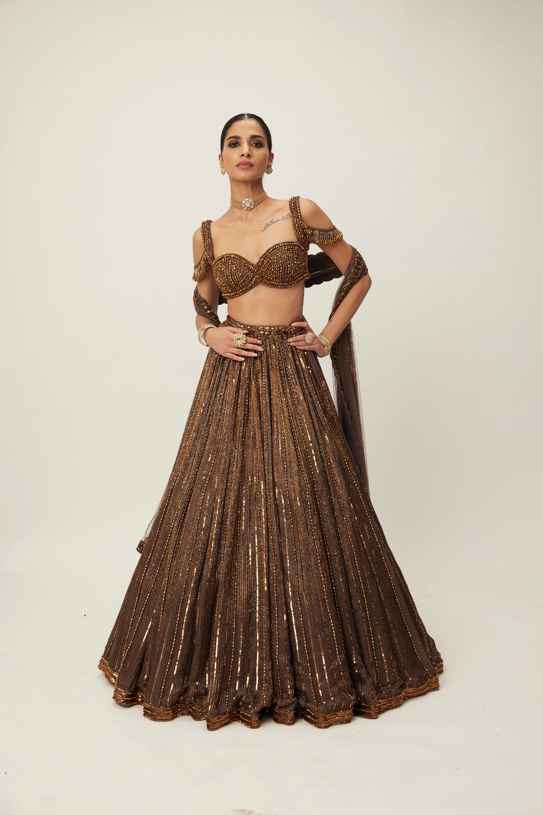 Copper Crystal Linear Embroidered Lehenga Set