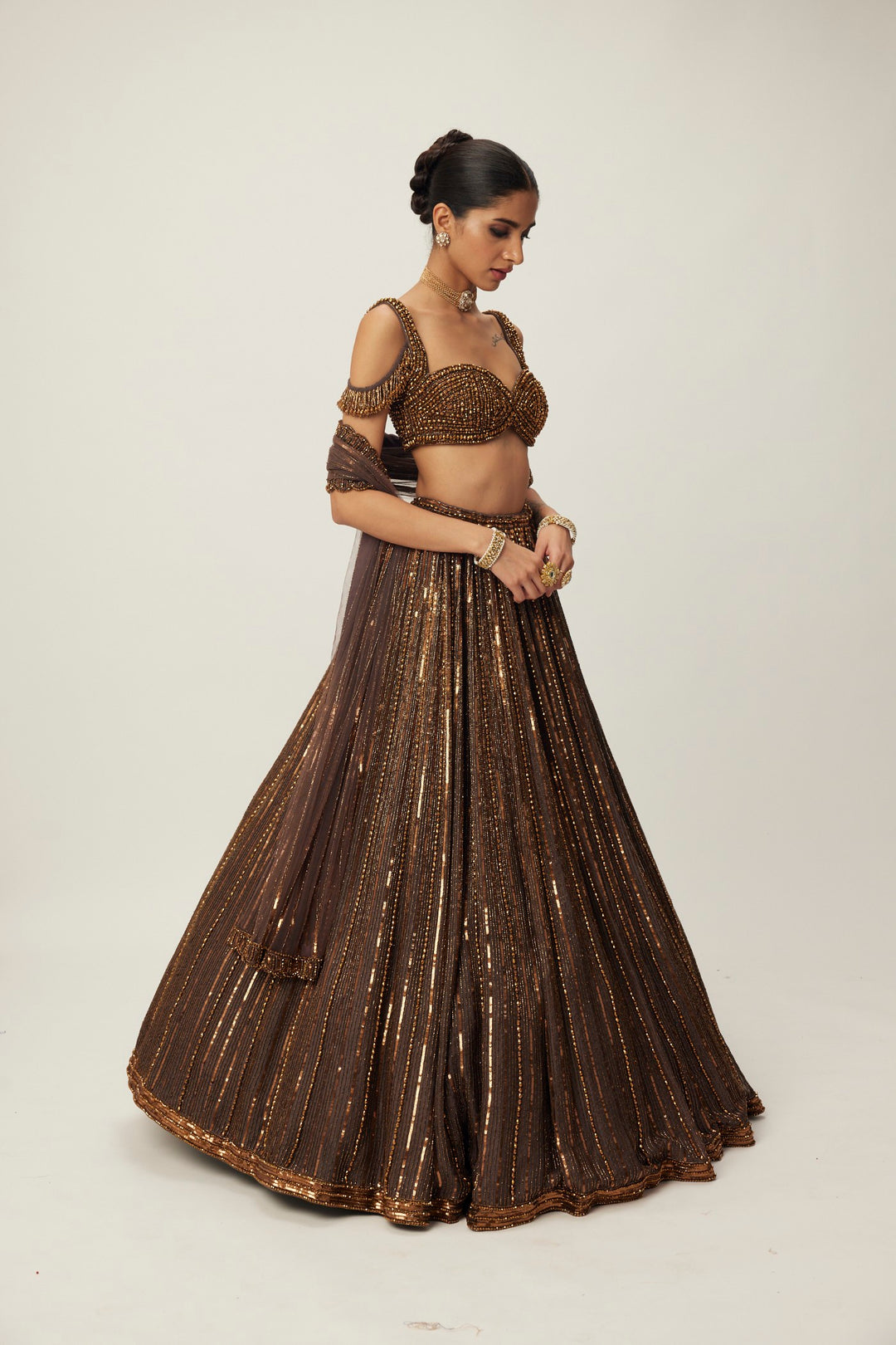 Copper Crystal Linear Embroidered Lehenga Set