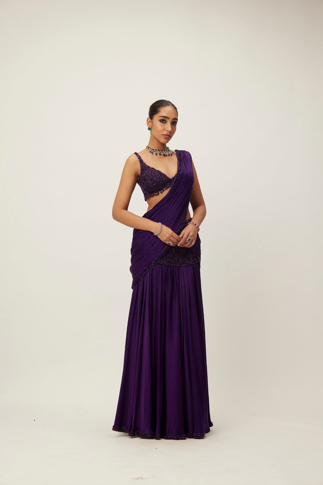 Royalty Purple Pre Draped Crystal Beaded Saree Set