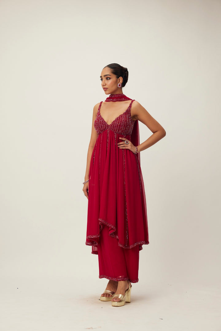 Ruby Red Crystal Embellished Kurta Set