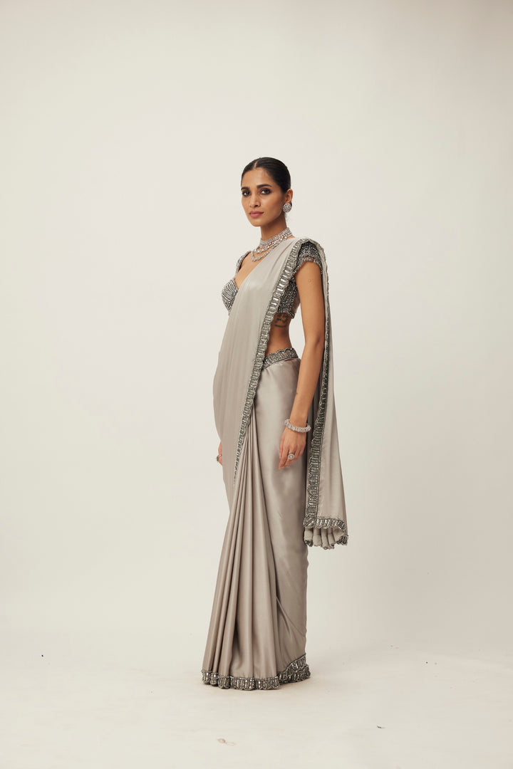 Crystal Grey Satin Saree Set
