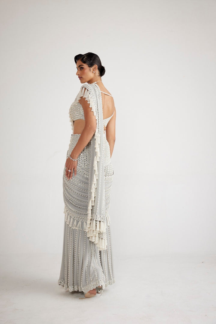 Powder Grey Chandelier Pearl Drop Saree Set
