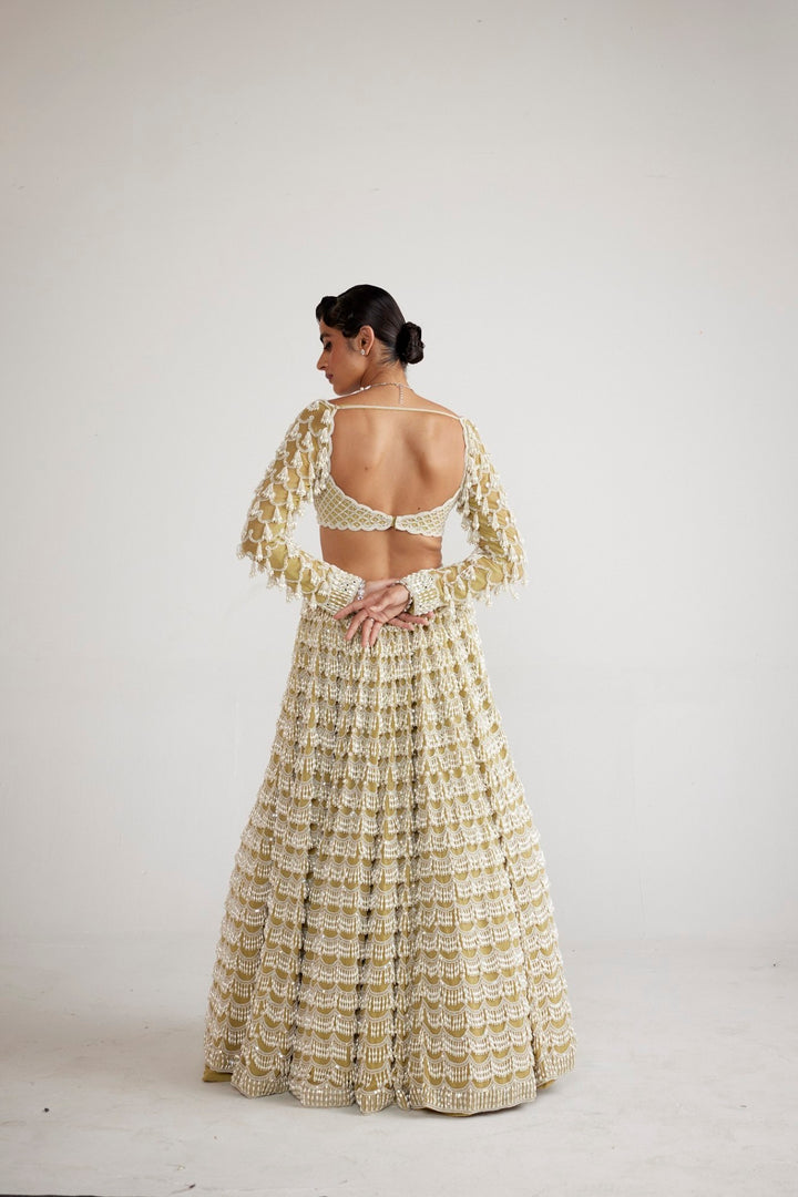 Fern Green Chandelier Pearl Drop Heavy Lehenga Set