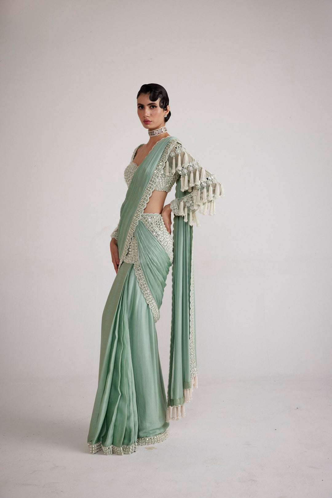Powder Mint Chandelier Drop Saree Set