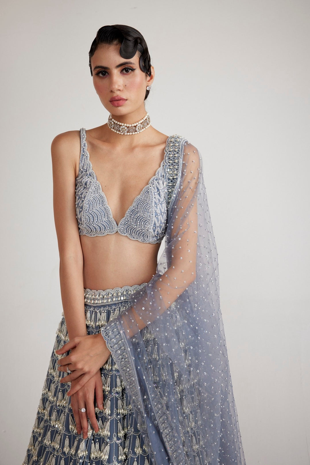 Dark Grey Chandelier Pearl Drop Lehenga Set