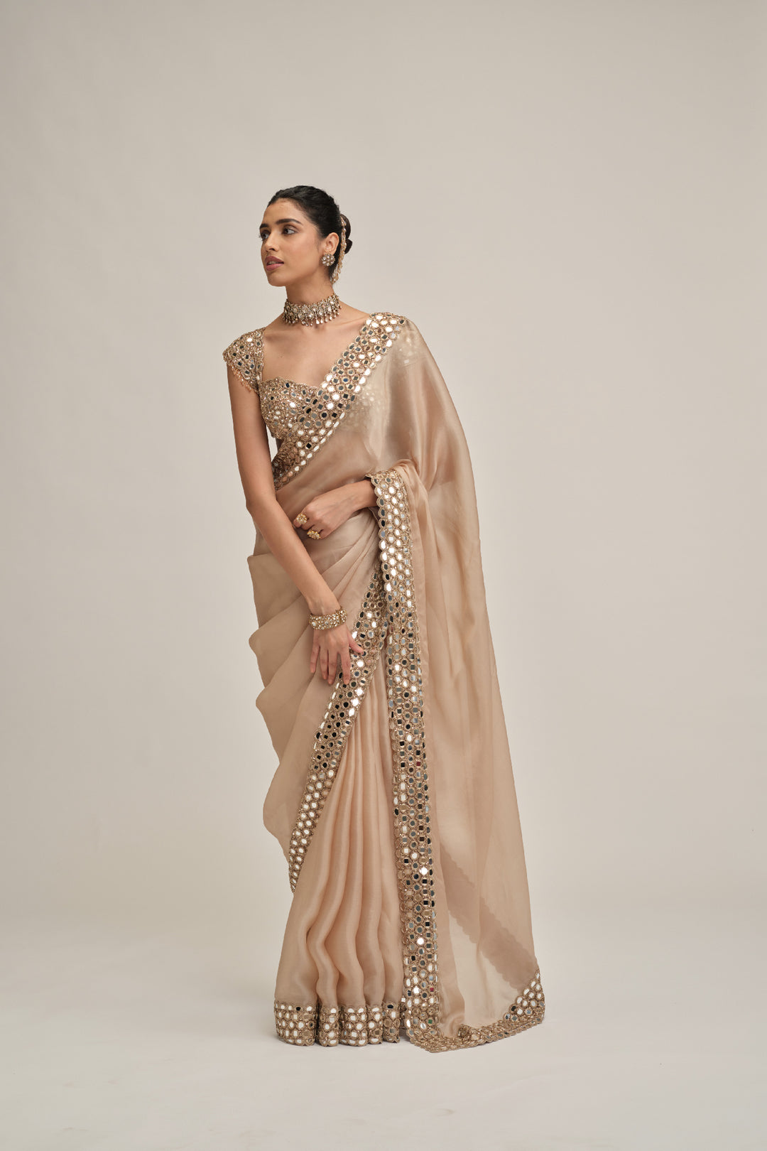 Light Beige Mirror Border Saree Set