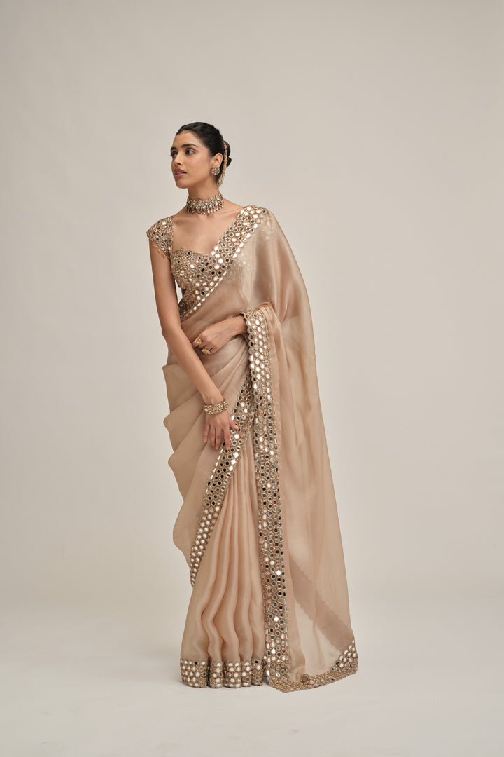 Light Beige Mirror Border Saree Set