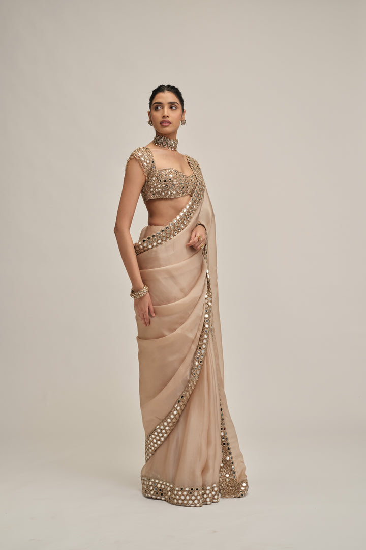 Light Beige Mirror Border Saree Set