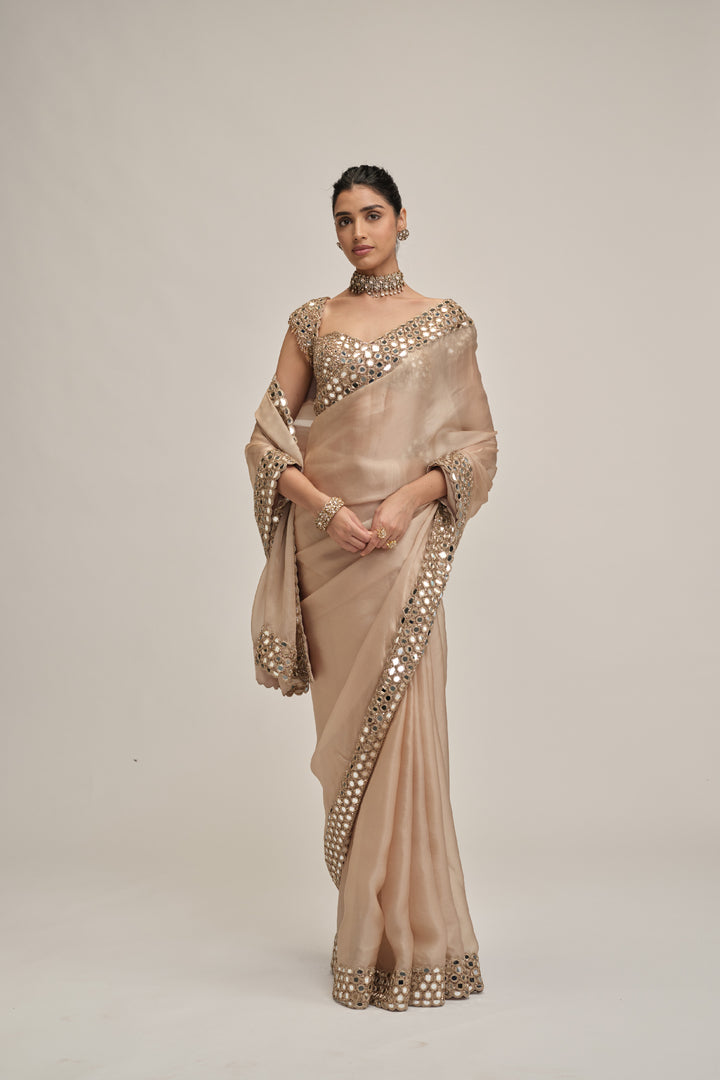 Light Beige Mirror Border Saree Set
