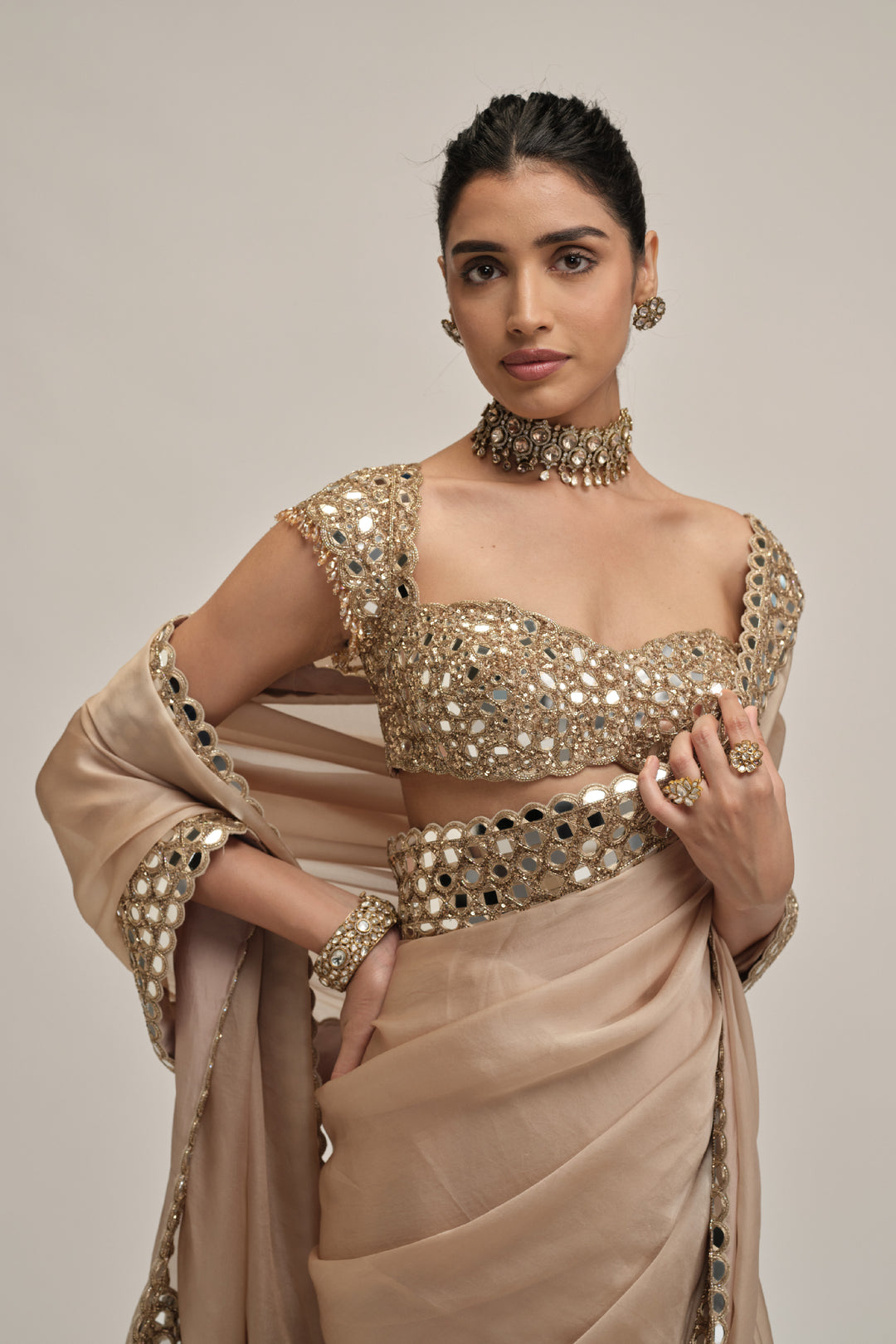 Light Beige Mirror Border Saree Set