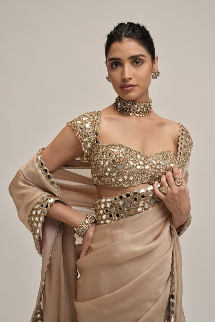 Light Beige Mirror Border Saree Set