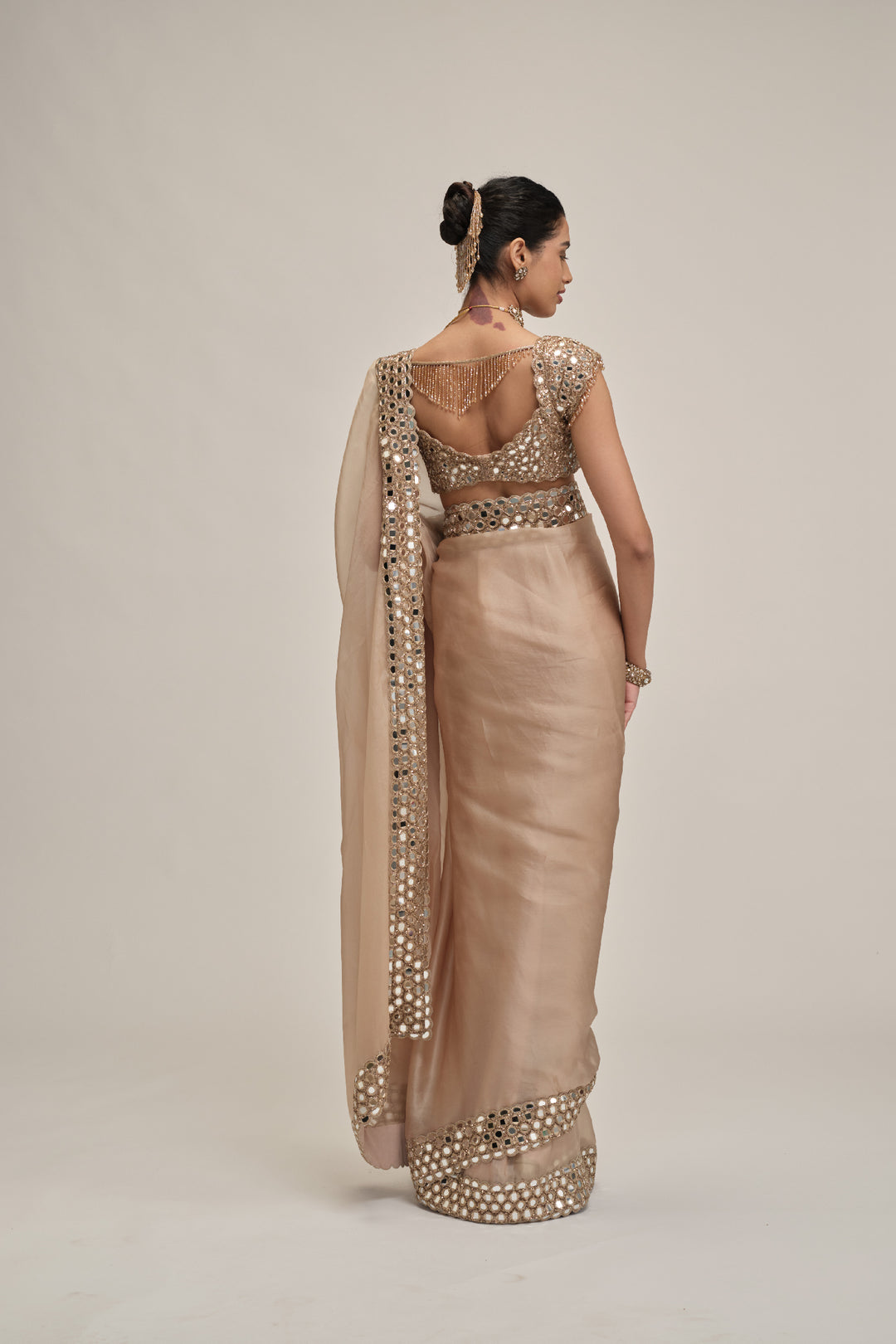Light Beige Mirror Border Saree Set