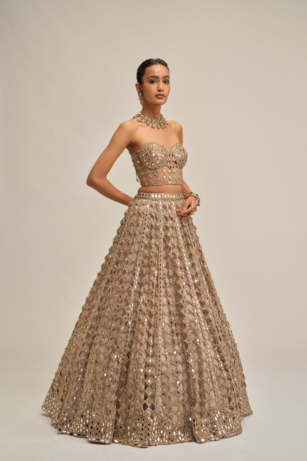 Light Beige Diamond Mirror Cutwork Crop Top Skirt Set