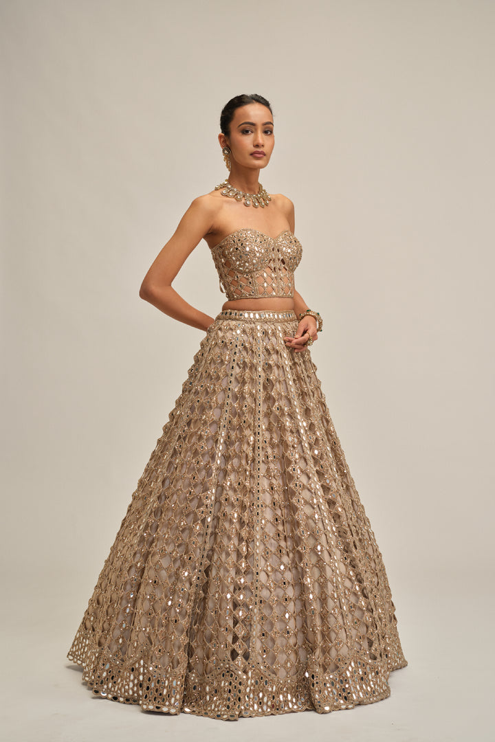 Light Beige Diamond Mirror Cutwork Crop Top Skirt Set