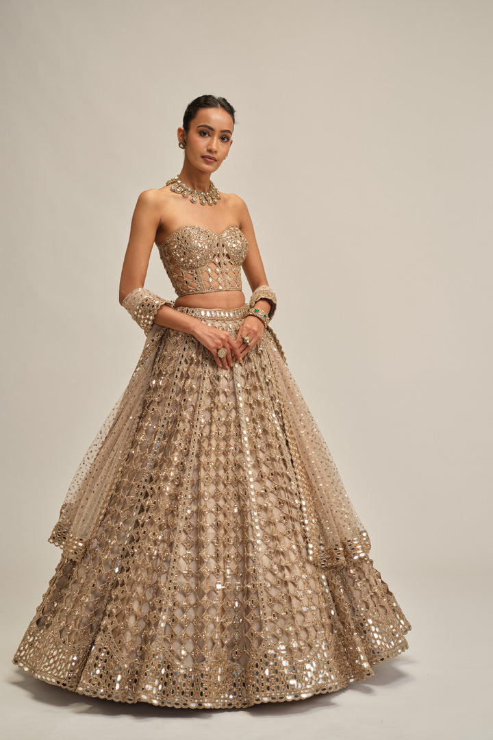 Light Beige Big Mirror Cutwork Lehenga With Corset Set