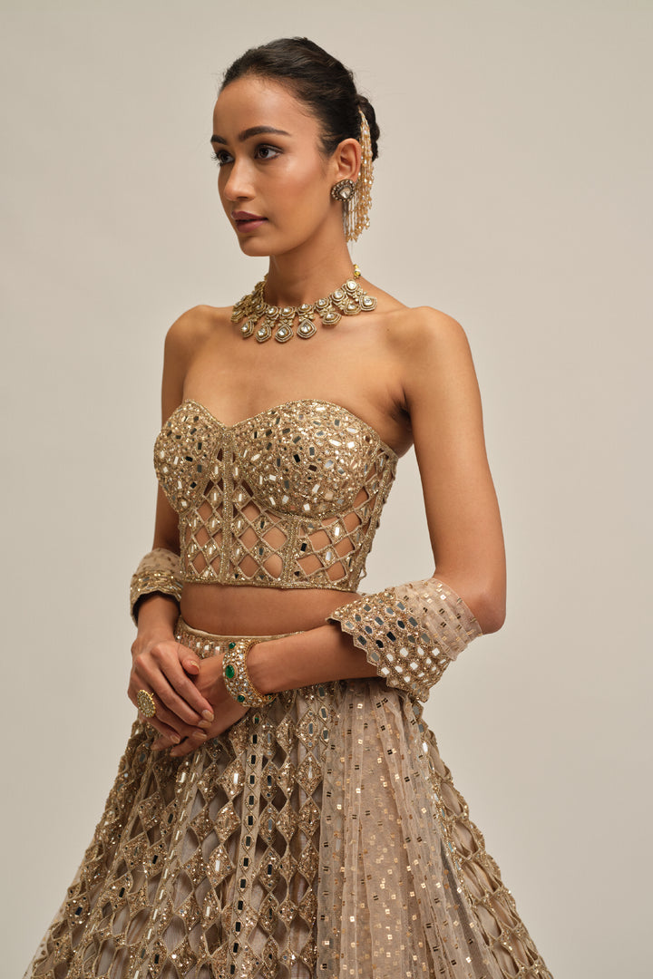 Light Beige Big Mirror Cutwork Lehenga With Corset Set