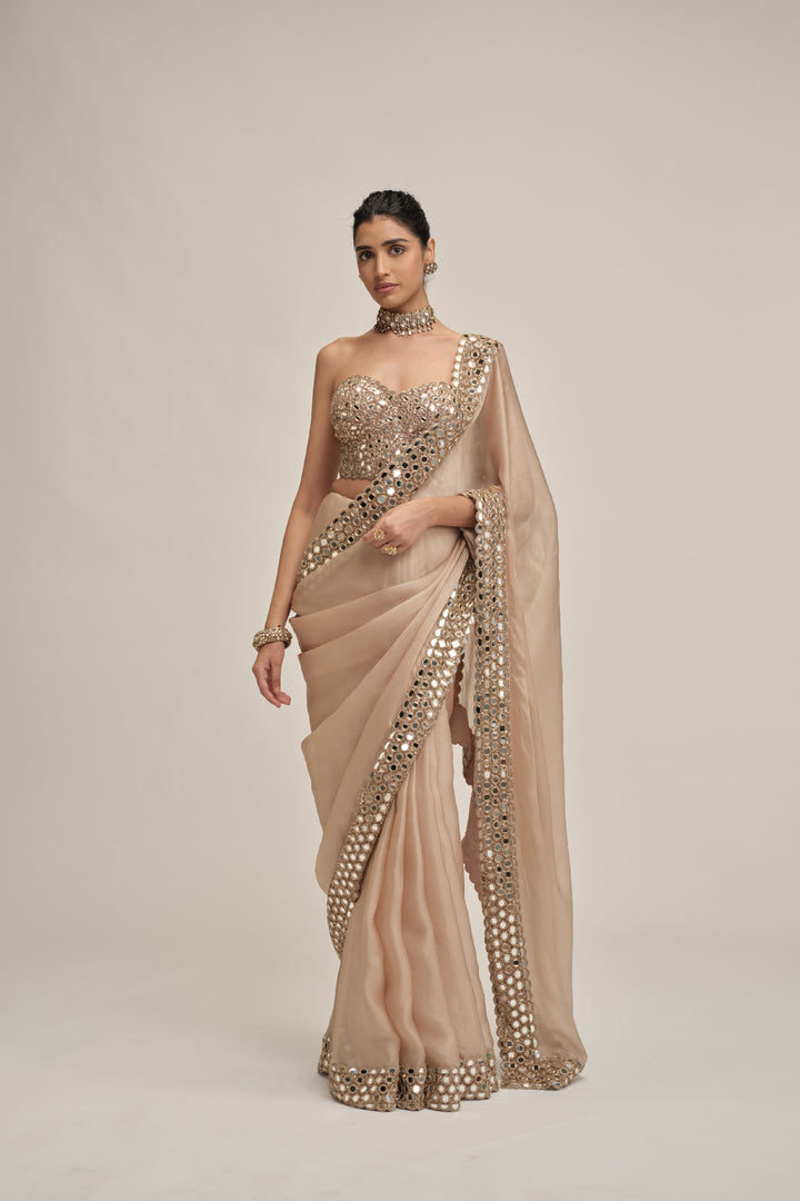 Light Beige Mirror Border Saree With Corset Set