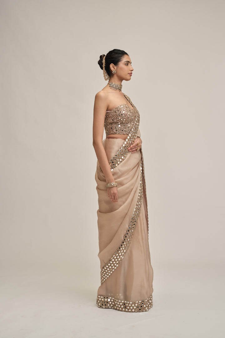 Light Beige Mirror Border Saree With Corset Set