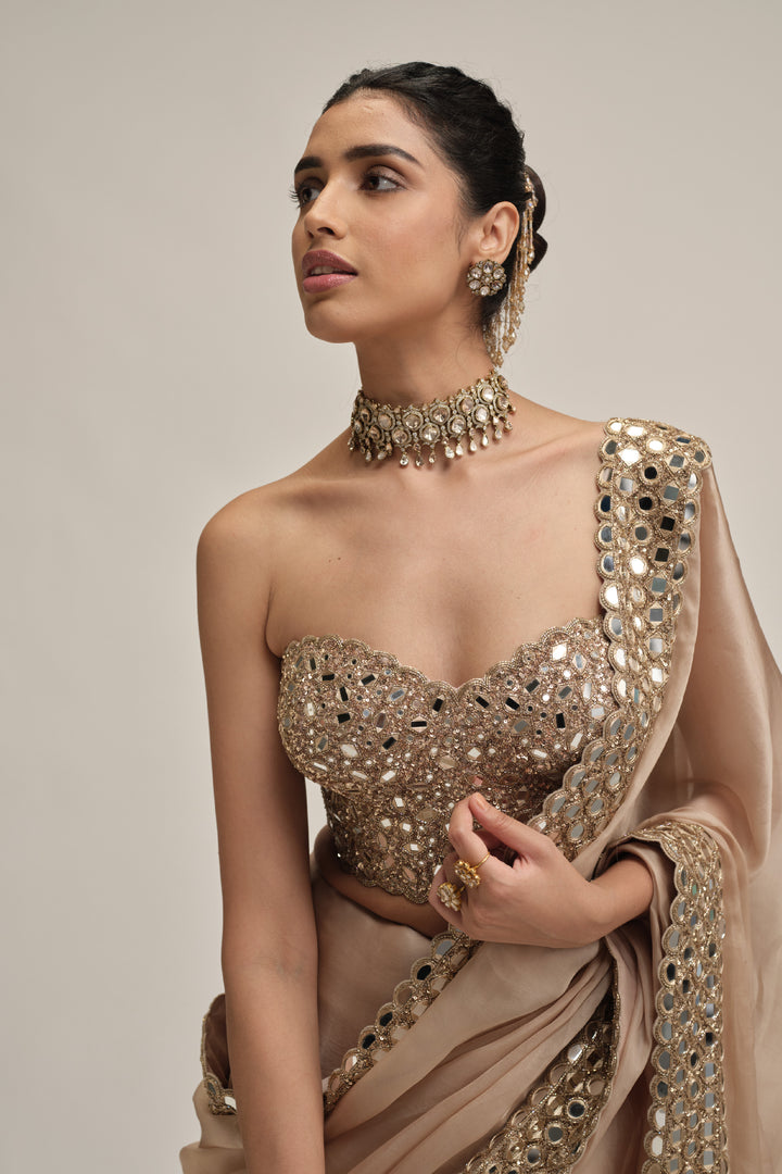 Light Beige Mirror Border Saree With Corset Set