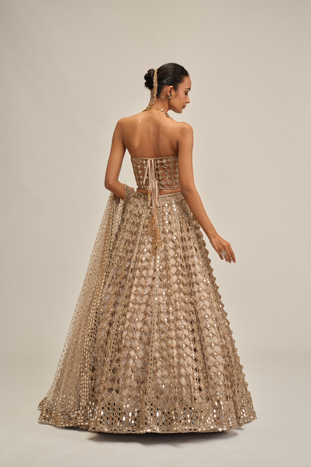 Light Beige Big Mirror Cutwork Lehenga With Corset Set