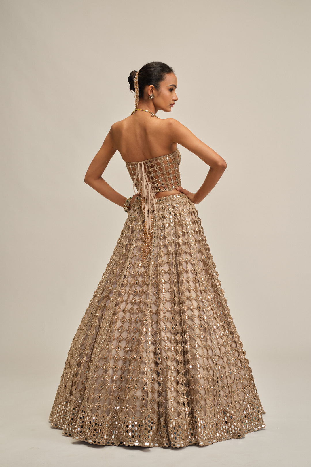 Light Beige Diamond Mirror Cutwork Crop Top Skirt Set