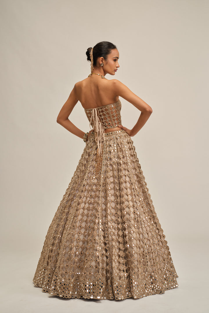 Light Beige Diamond Mirror Cutwork Crop Top Skirt Set