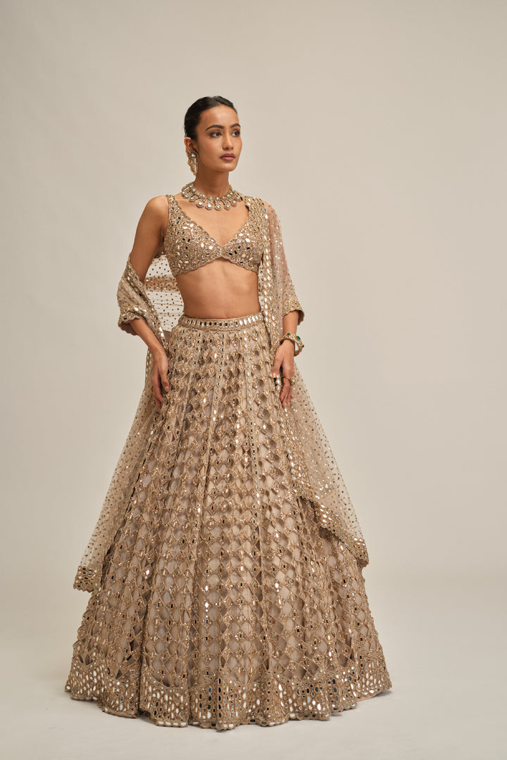 Light Beige Diamond Mirror Cutwork Lehenga Set