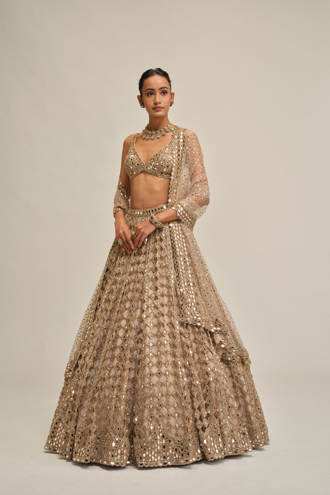 Light Beige Diamond Mirror Cutwork Lehenga Set