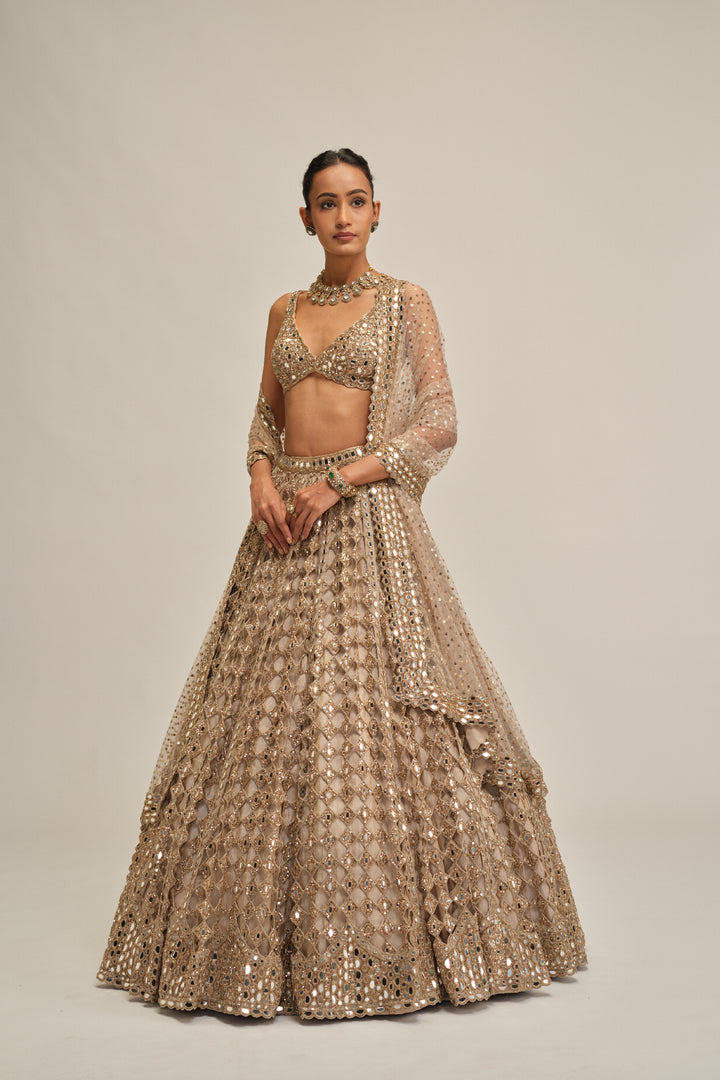 Light Beige Diamond Mirror Cutwork Lehenga Set