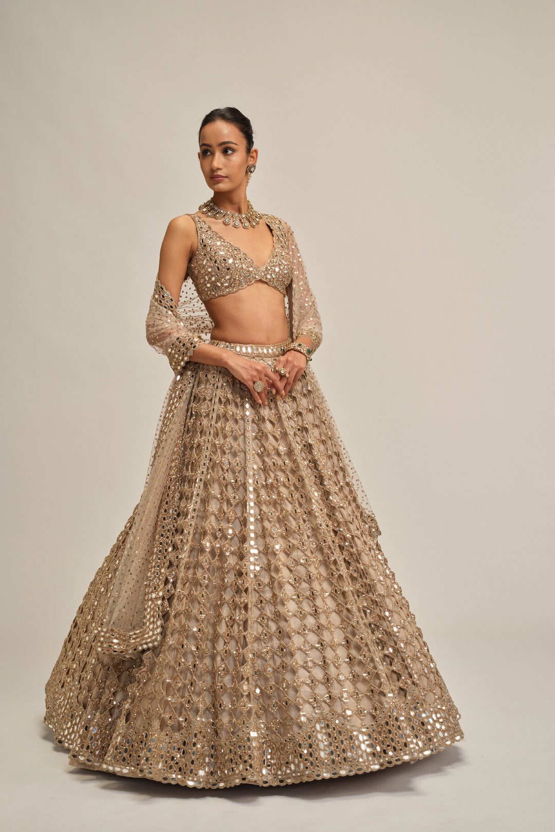 Light Beige Diamond Mirror Cutwork Lehenga Set