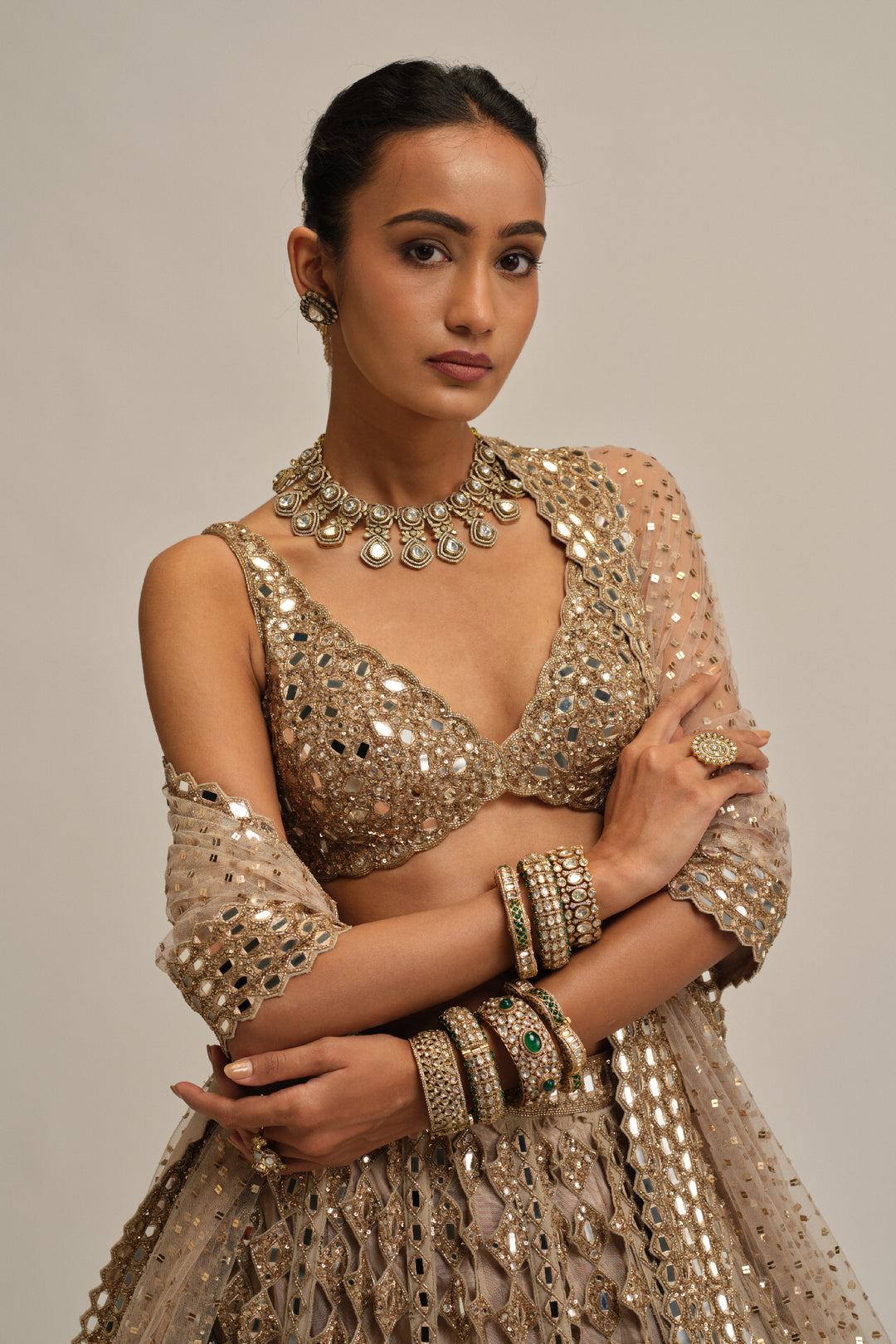 Light Beige Diamond Mirror Cutwork Lehenga Set