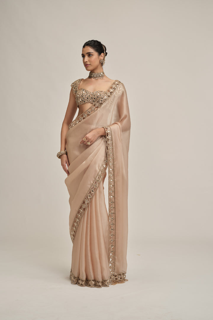 Light Beige Diamond Cutwork Border Saree Set