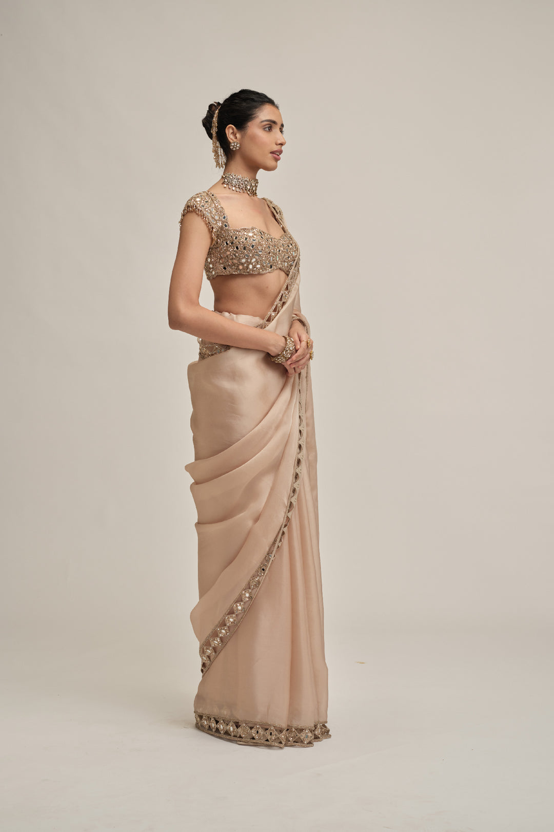 Light Beige Diamond Cutwork Border Saree Set
