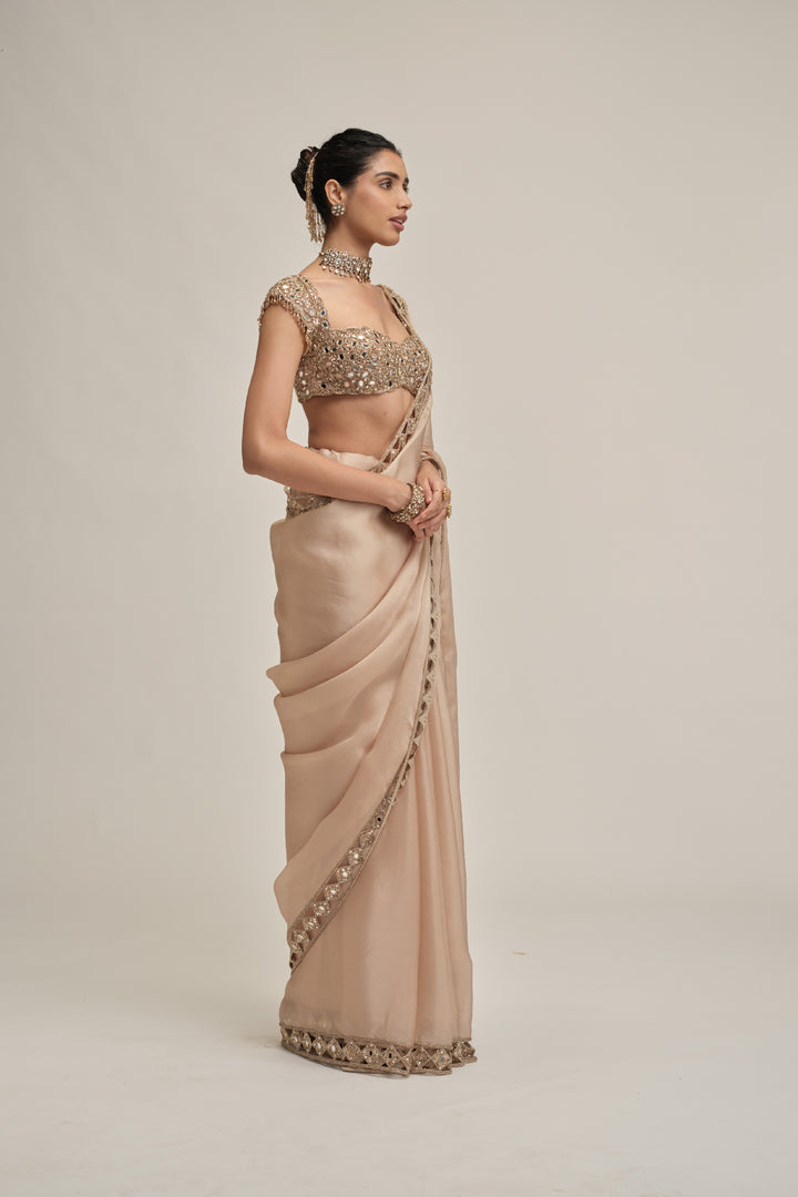 Light Beige Diamond Cutwork Border Saree Set