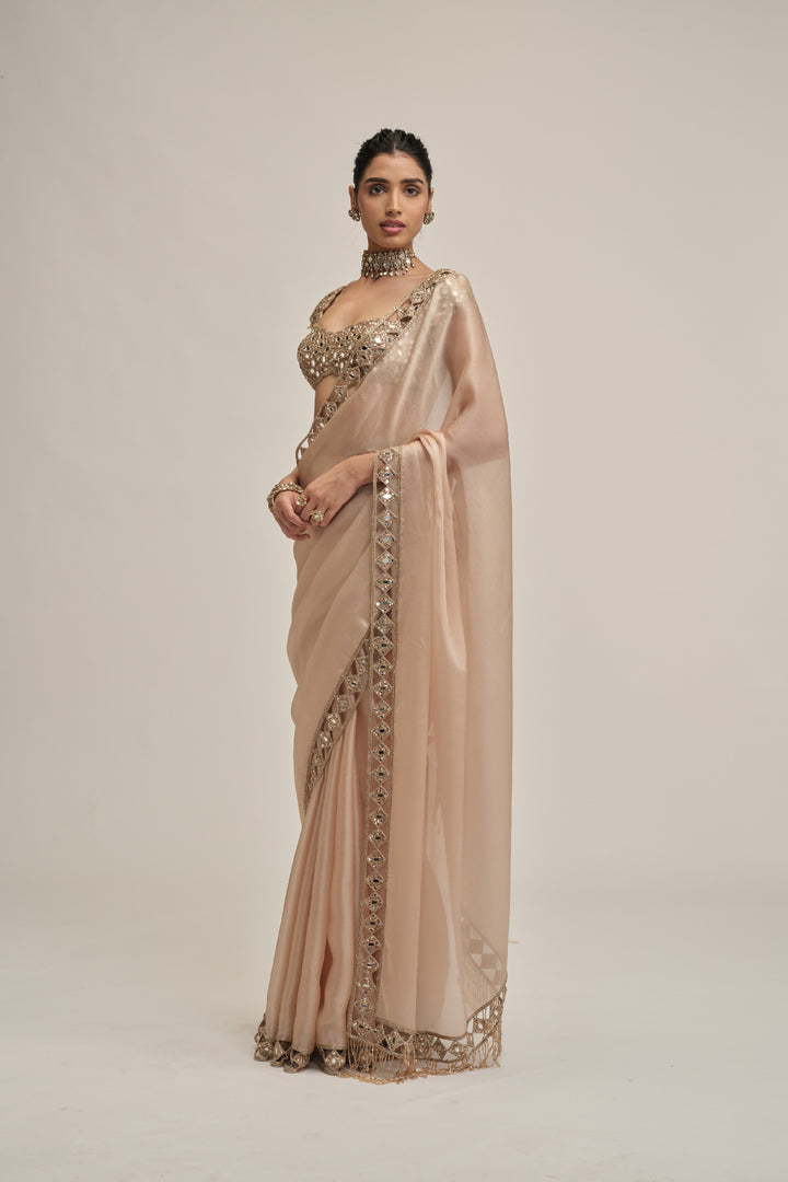 Light Beige Diamond Cutwork Border Saree Set