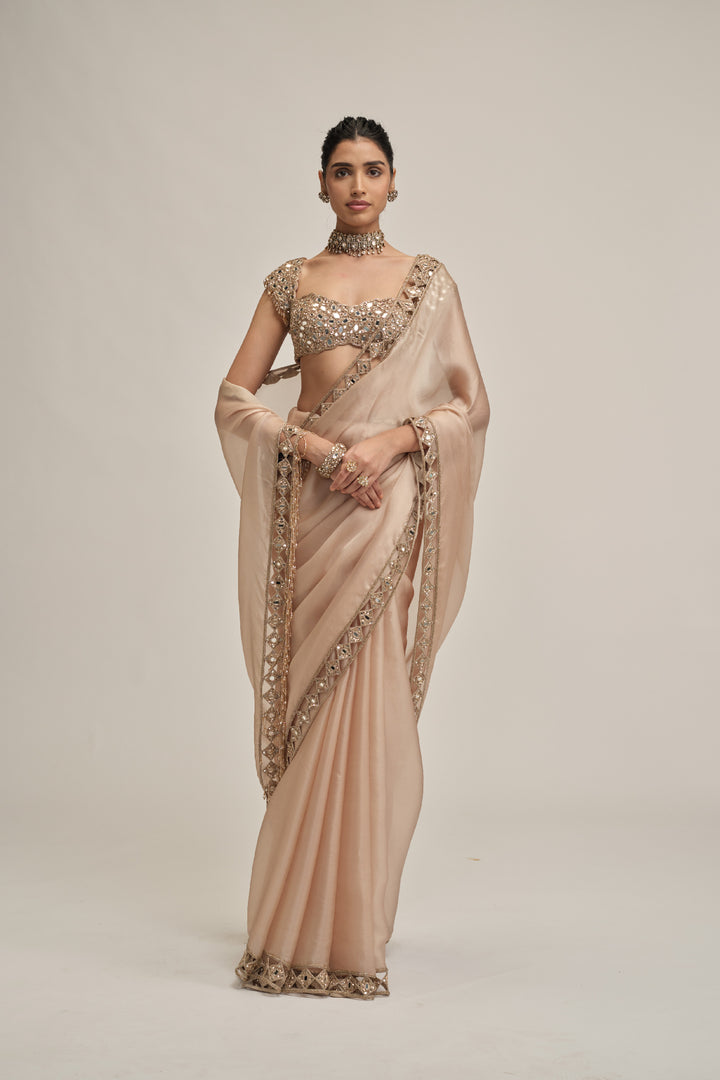 Light Beige Diamond Cutwork Border Saree Set