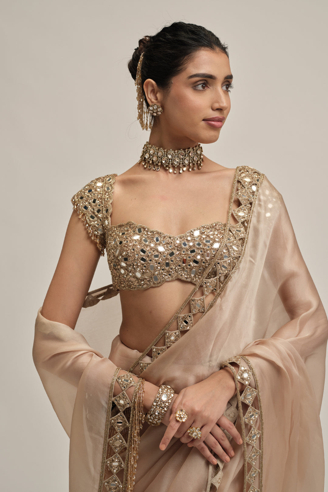 Light Beige Diamond Cutwork Border Saree Set