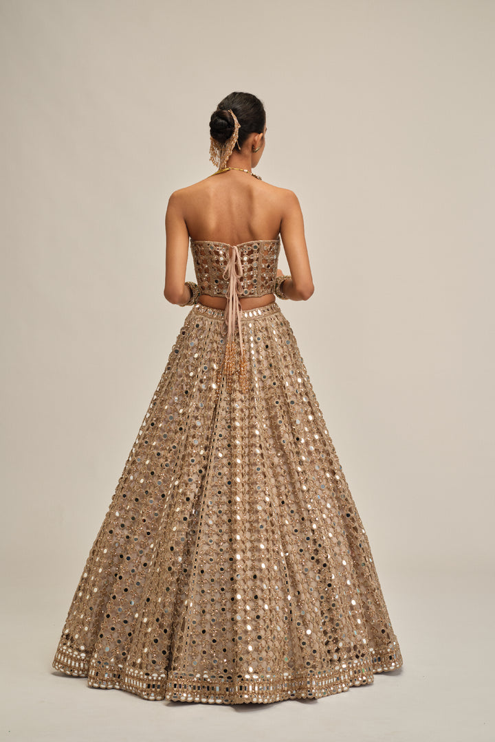 Light Beige Big Mirror Cutwork Crop Top Skirt Set