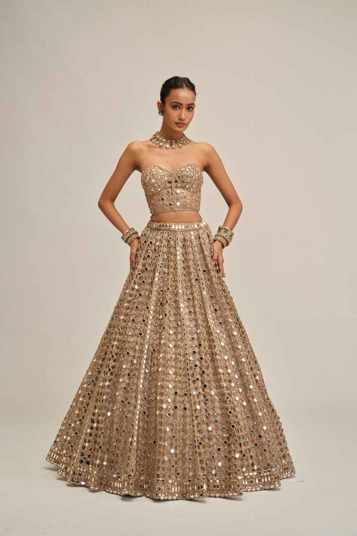 Light Beige Big Mirror Cutwork Crop Top Skirt Set