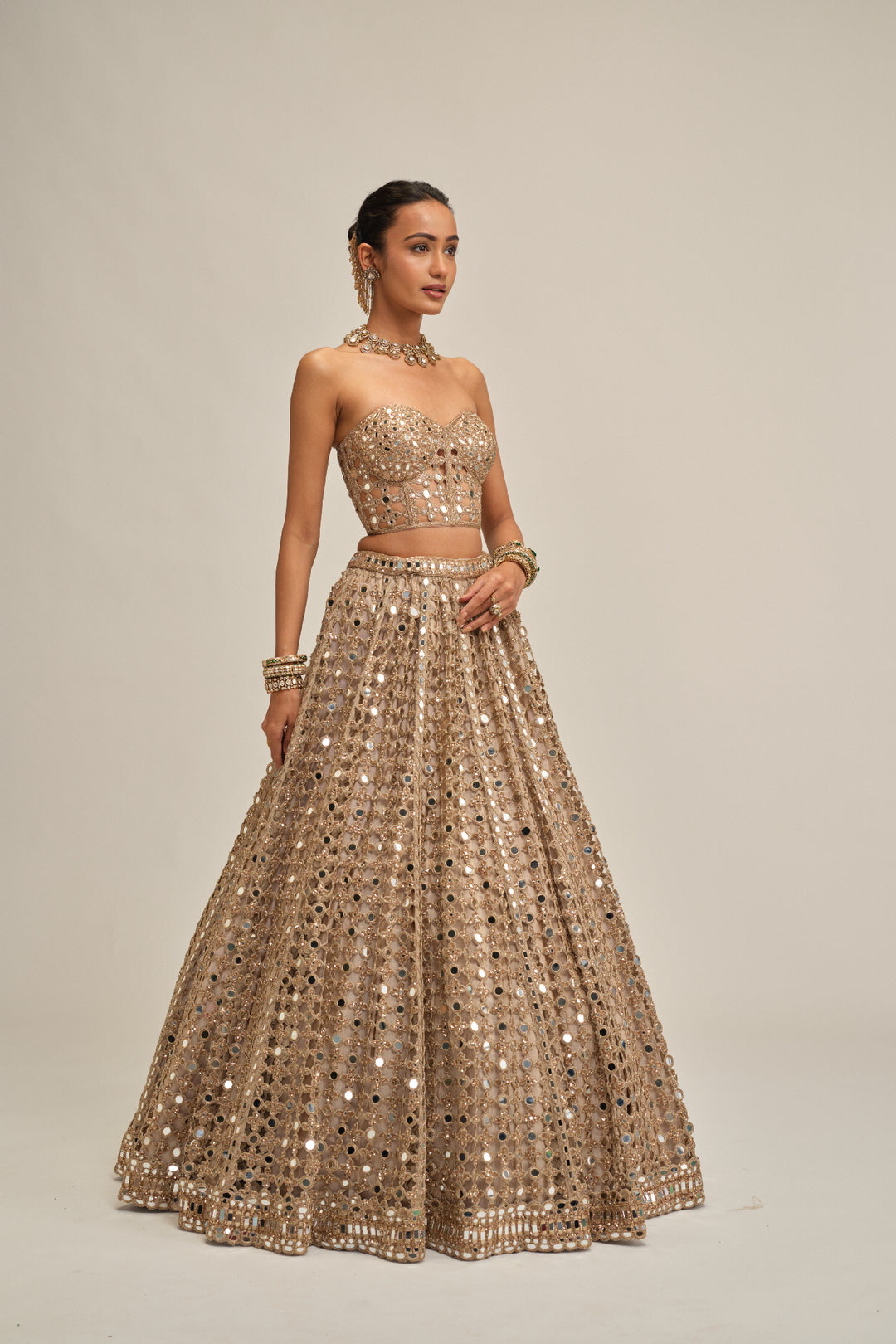 Light Beige Big Mirror Cutwork Crop Top Skirt Set