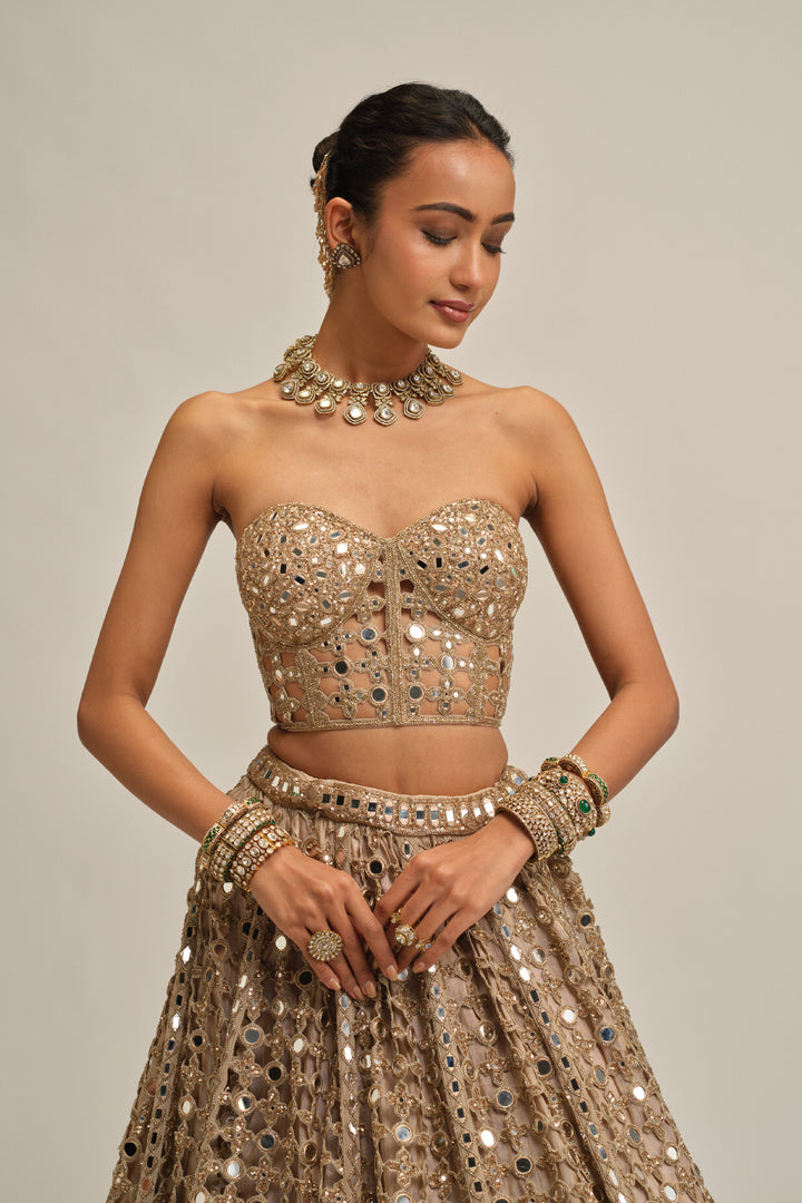 Light Beige Big Mirror Cutwork Crop Top Skirt Set