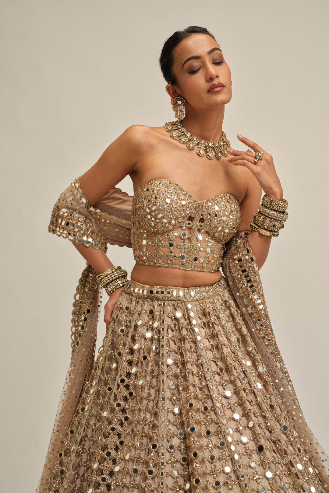 Light Beige Diamond Mirror Cutwork Lehenga With Corset Set