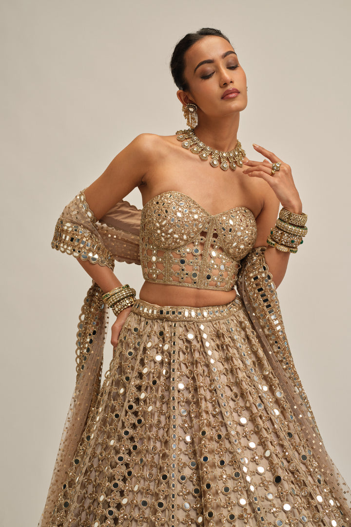 Light Beige Diamond Mirror Cutwork Lehenga With Corset Set